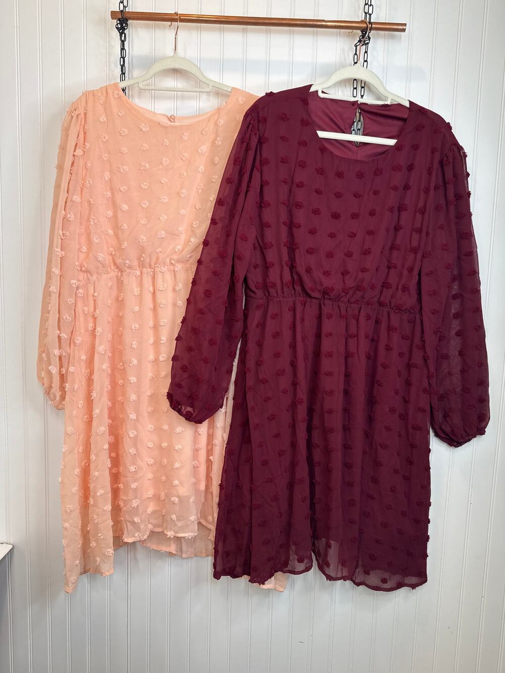 NEW Amazon Swiss Dot Midi Dresses Peach Burgundy Long Sleeve Bundle Size 3XL